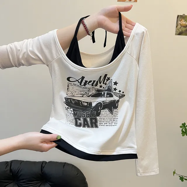 纯欲辣妹美式假两件挂脖打底衫女内搭设计感早秋正肩长袖t恤上衣