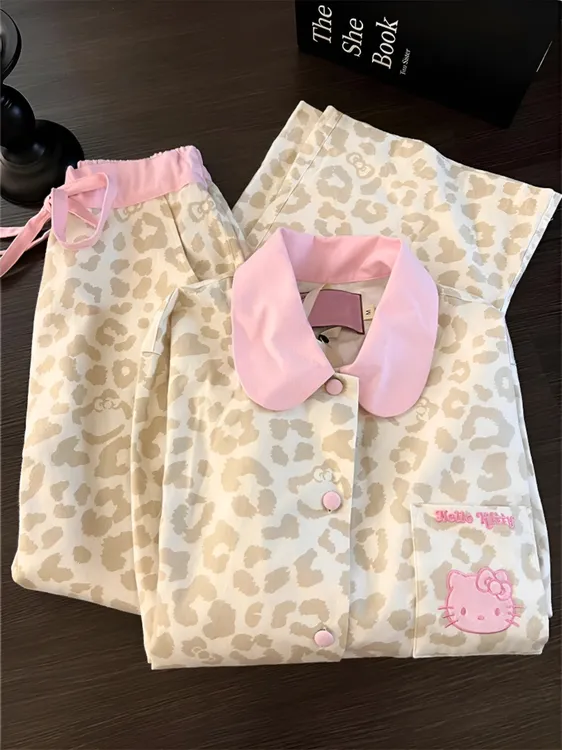 韩系粉色翻领豹纹凯蒂猫睡衣女款秋冬保暖卡通少女休闲家居服套装