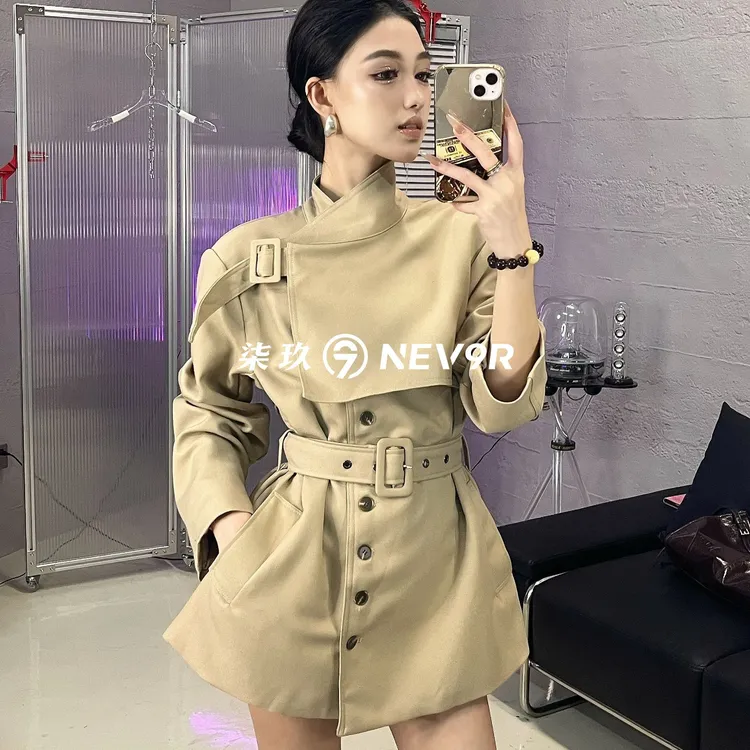 【NEV9R】1560-新品加厚夹棉风衣收腰气质网红时尚设计师韩版ins显