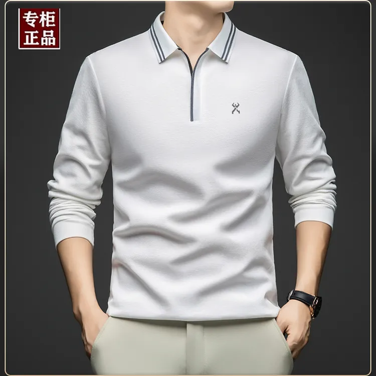 专柜正品2025秋季纯棉长袖T恤中青年男士休闲刺绣翻领拉链POLO衫