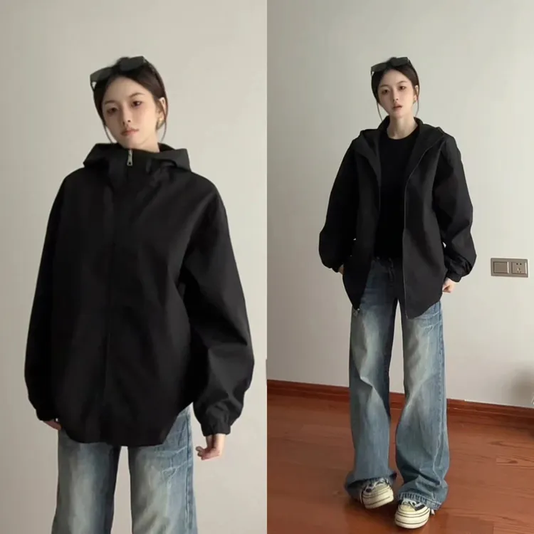黑色美式高街软壳连帽冲锋外套男女款秋季户外机能运动登山服夹克
