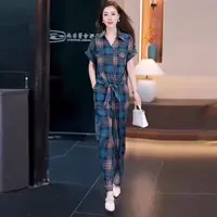 8310亿家夏季洋气显瘦格子短袖衬衫阔腿裤时尚套装