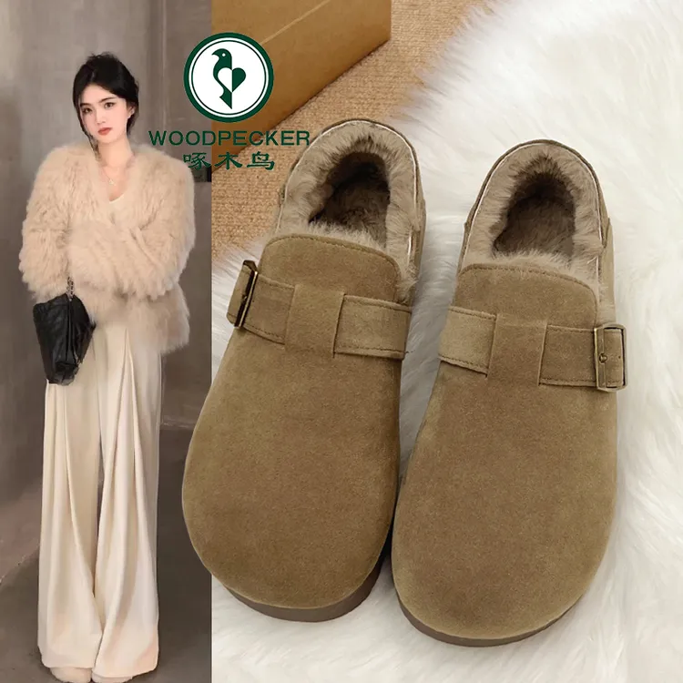 啄木鸟加绒全包复古勃肯鞋女秋冬2025新款一脚蹬单鞋毛毛鞋雪地靴