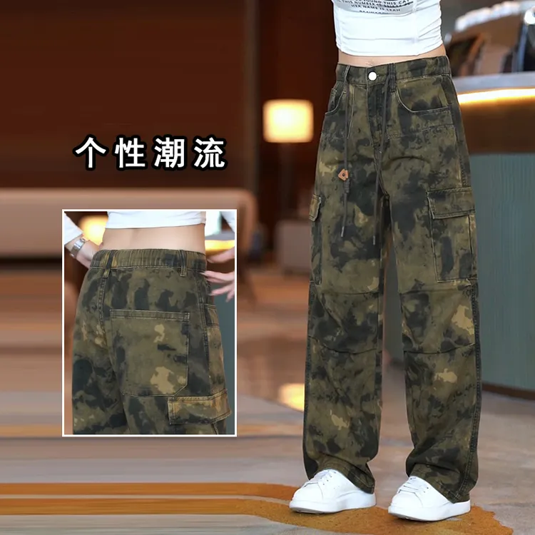 扎染迷彩工装牛仔裤男款潮流时尚直筒长裤美式高街潮流痞帅休闲裤