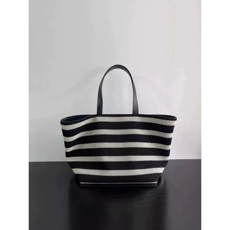 2025春夏新款黑白条纹托特包编织大容量单肩女包轻便度假包购物袋