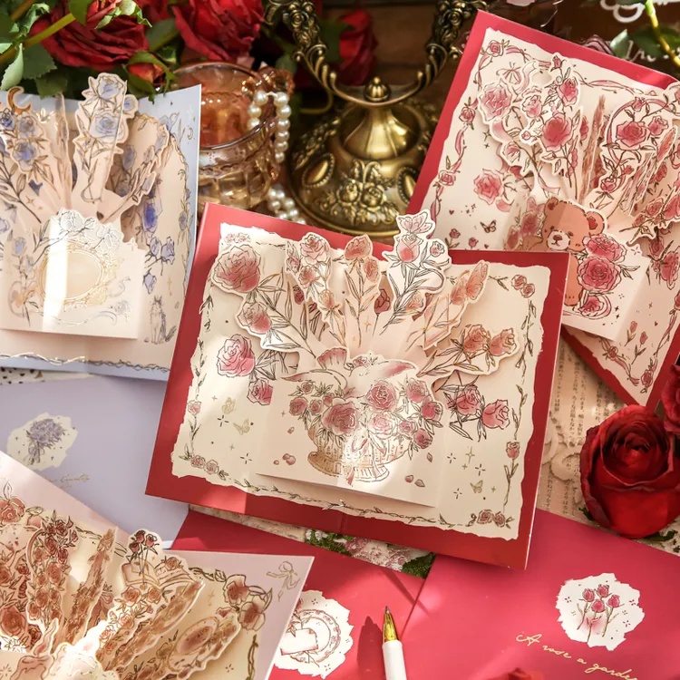 立体玫瑰diy贺卡可折叠花束感恩生日告白小卡片节日祝福留言卡片