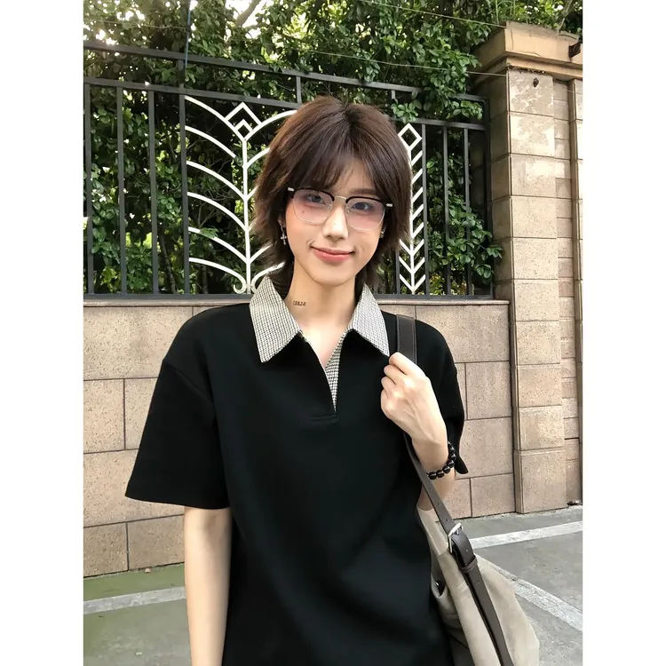 千鸟格拼接polo衫短袖男款夏季美式复古情侣重磅t恤高级感半截袖