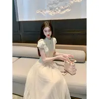 凌茜恣禾【云釉】国风新中式法式杏色网纱裙气质氛围感时尚高级旗袍
