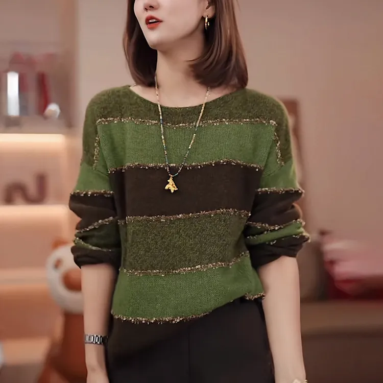 重工烫钻条纹毛衣女士2025秋季慵懒风软糯宽松显瘦打底针织衫上衣