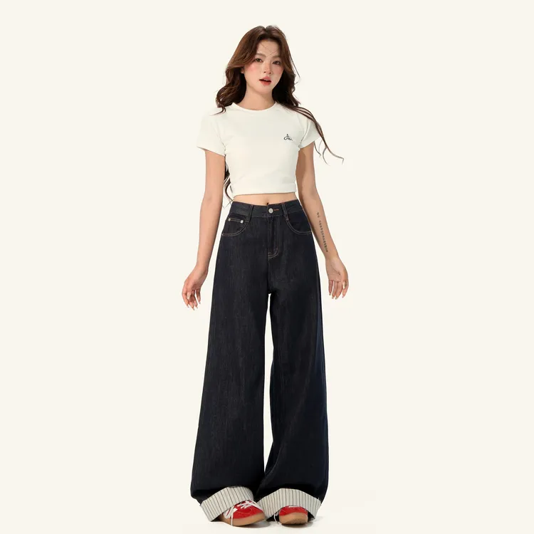 MNGRL 丹宁色卷边阔腿牛仔裤女复古深蓝色宽松直筒裤显瘦拖地裤子