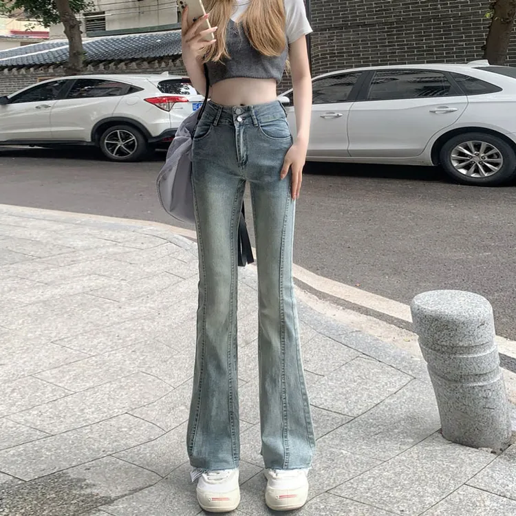 复古水洗牛仔裤微喇裤女春季新款高腰显瘦马蹄裤拖地裤直筒长裤子