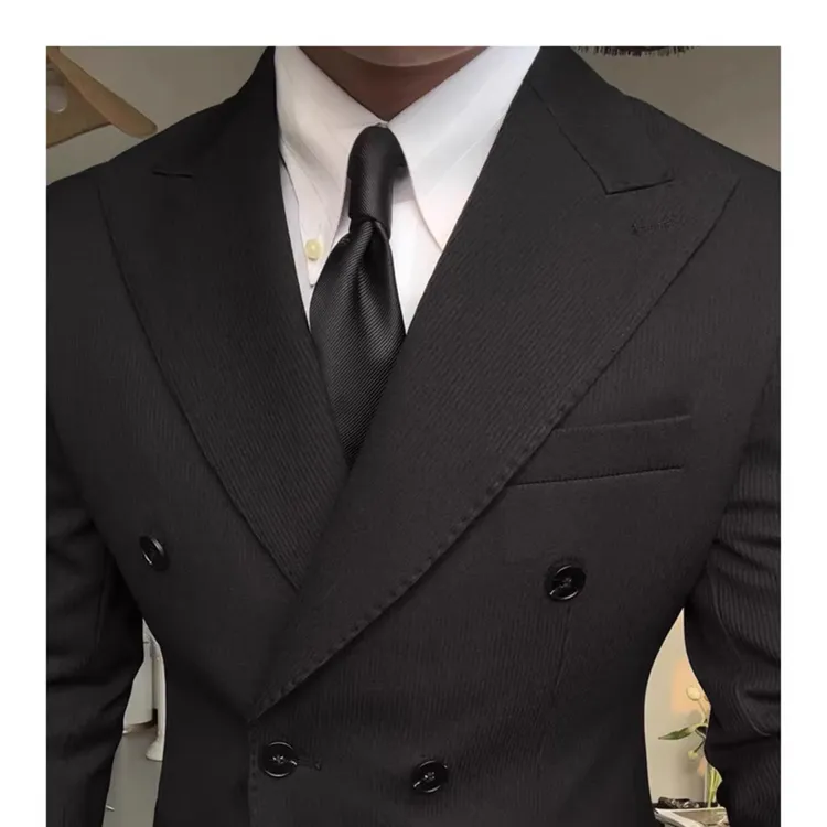 zb黑色双排扣戗驳领西服套装商务婚礼宴纯色西装那不勒斯高级感男