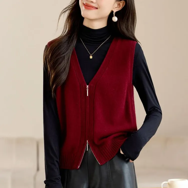 品牌折扣女装专柜正品秋冬气质v领拉链针织马甲外穿洋气马夹开衫