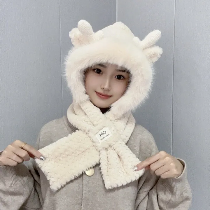 小熊毛绒帽子围巾一体女秋冬季韩版显脸小百搭加厚保暖护耳雷锋帽