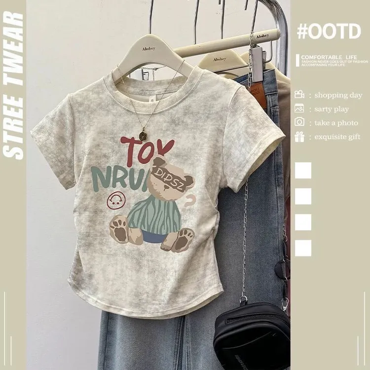 纯棉2025爆款中大童短袖t恤夏季女童褶皱上衣修身卡通印花t恤小众