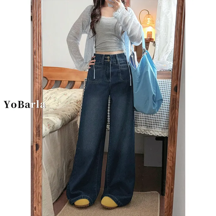 复古蓝阔腿牛仔裤女秋季新款大码胖mm宽松梨形身材显瘦垂感直筒裤