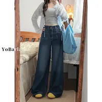 复古蓝阔腿牛仔裤女秋季新款大码胖mm宽松梨形身材显瘦垂感直筒裤