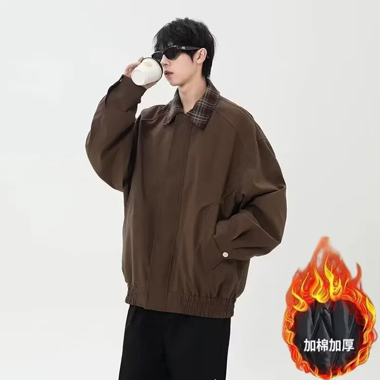秋冬季设计感加厚夹棉美式假两件夹克男港风保暖休闲宽松外套男装