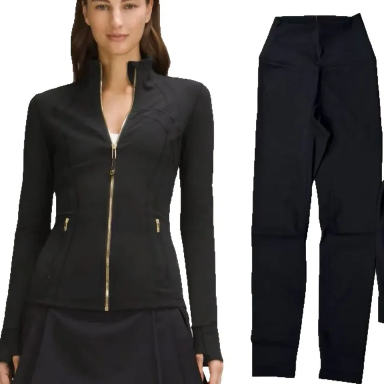 爆款同款黑色套装立领夹克+九分裤瑜伽服外套金拉链带钢印运动女