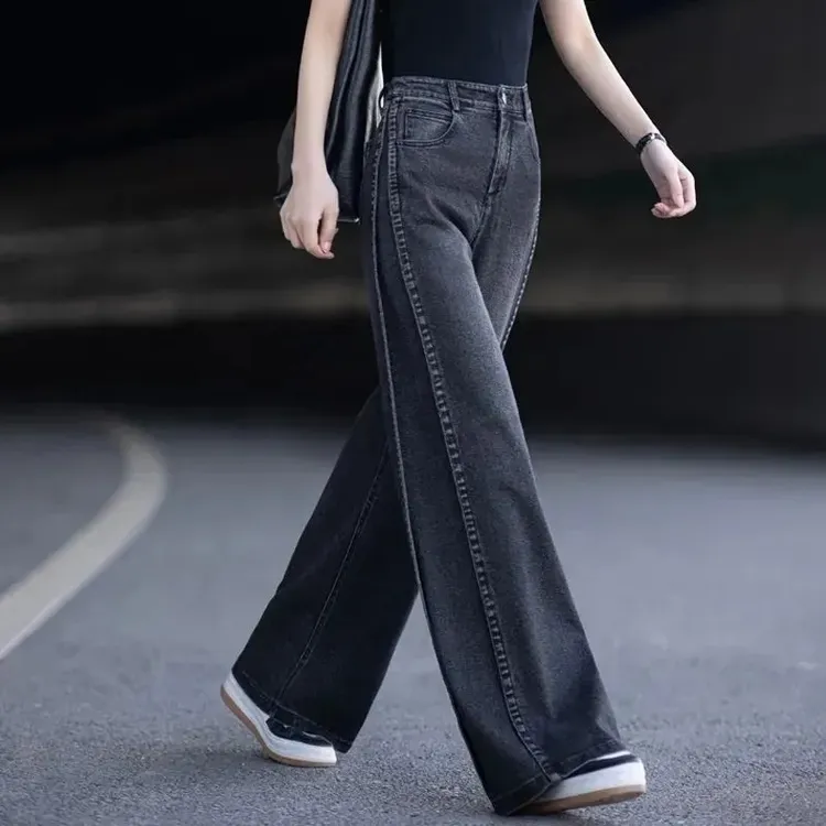 简约长裤高腰2025年秋季新款宽松阔腿牛仔裤休闲风百搭气质直筒裤