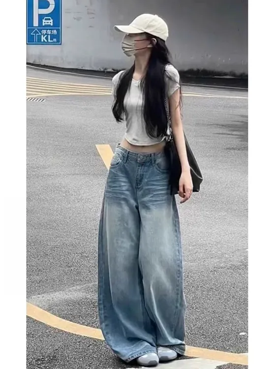 美式浅蓝阔腿牛仔裤女175高个子加长宽松显瘦垂感百搭拖地直筒裤