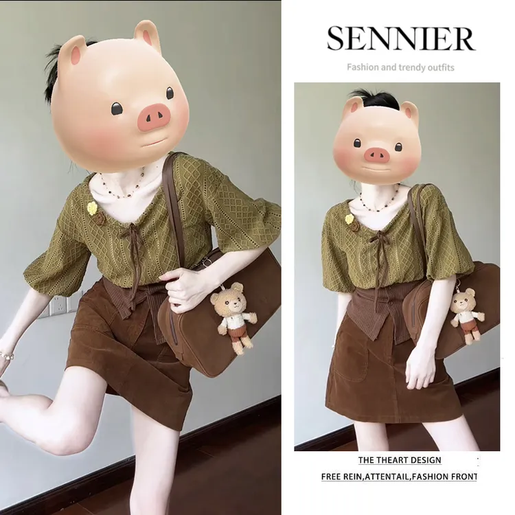 今年流行穿搭女装2025夏季新款小众设计感拼接短袖百搭短裙两件套