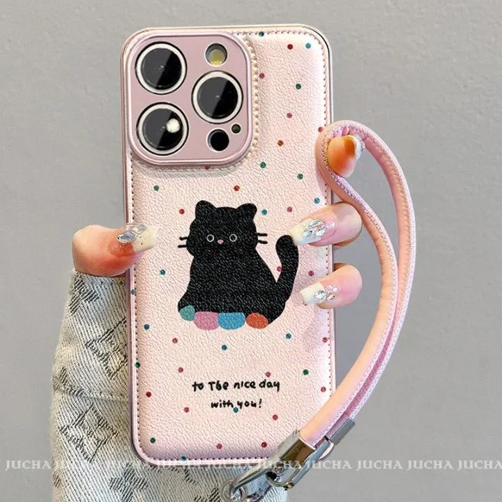 波点彩袜黑猫适用苹果16手机壳高级感轻奢iphone15promax可爱14女