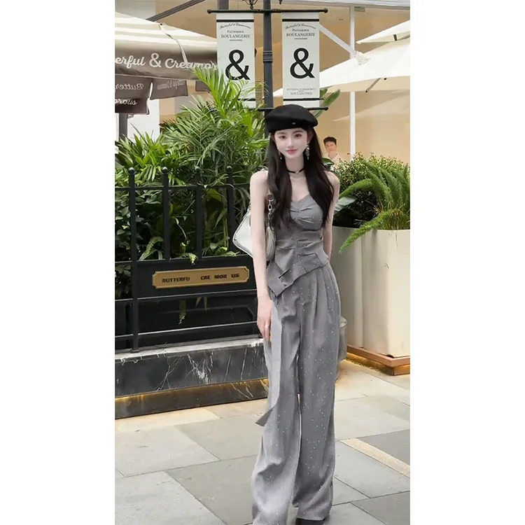 夏季新款法式温柔气质小众设计感重工烫钻吊带上衣+休闲裤套装女