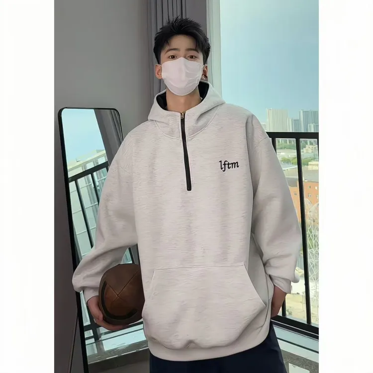 秋冬加绒立领连帽卫衣男美式潮牌ins重磅半拉链套头帽衫情侣上衣
