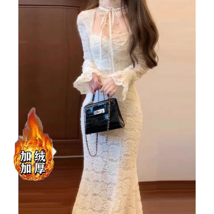 【加绒加厚】【有里布】名媛蕾丝拼接假两件气质宴会连衣裙D4137