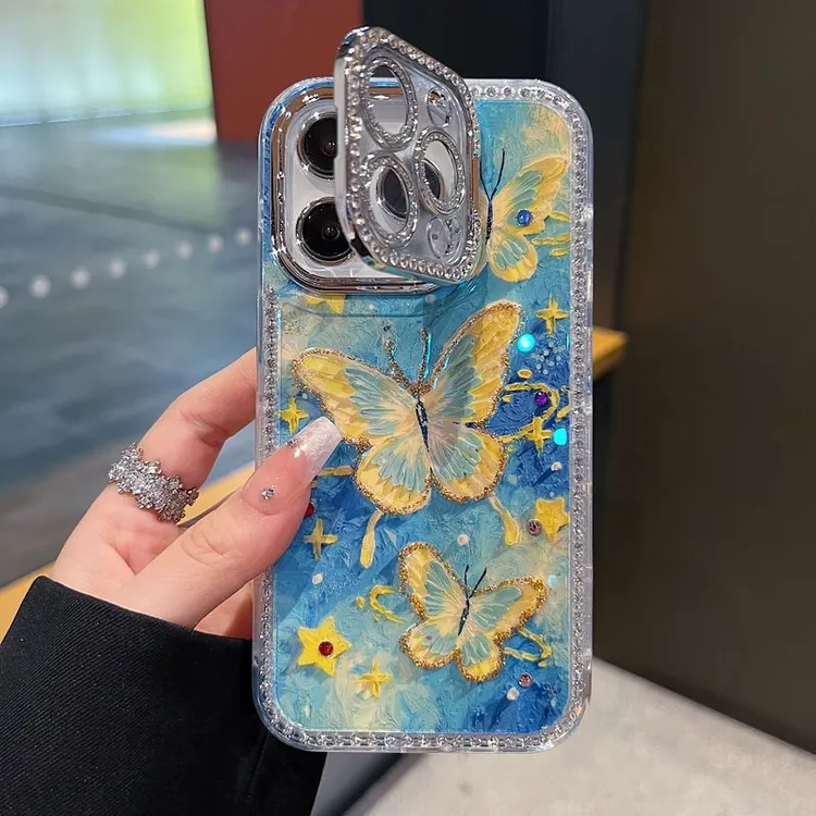 适用苹果系列iPhone16新款手机壳优雅星空蝴蝶全包镜头膜钻框支架