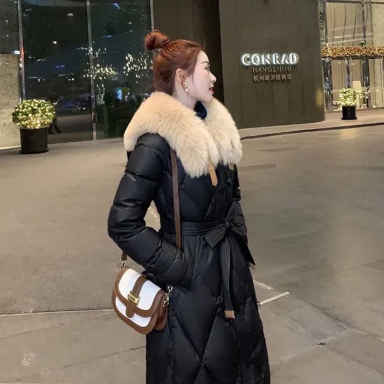 大毛领羽绒棉服女冬2024新款显瘦时尚洋气中长款过膝收腰棉袄外套
