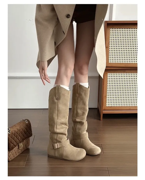 【火火专属】增高6cm~西部长靴平底V口女皱褶堆堆靴大筒围显瘦高筒