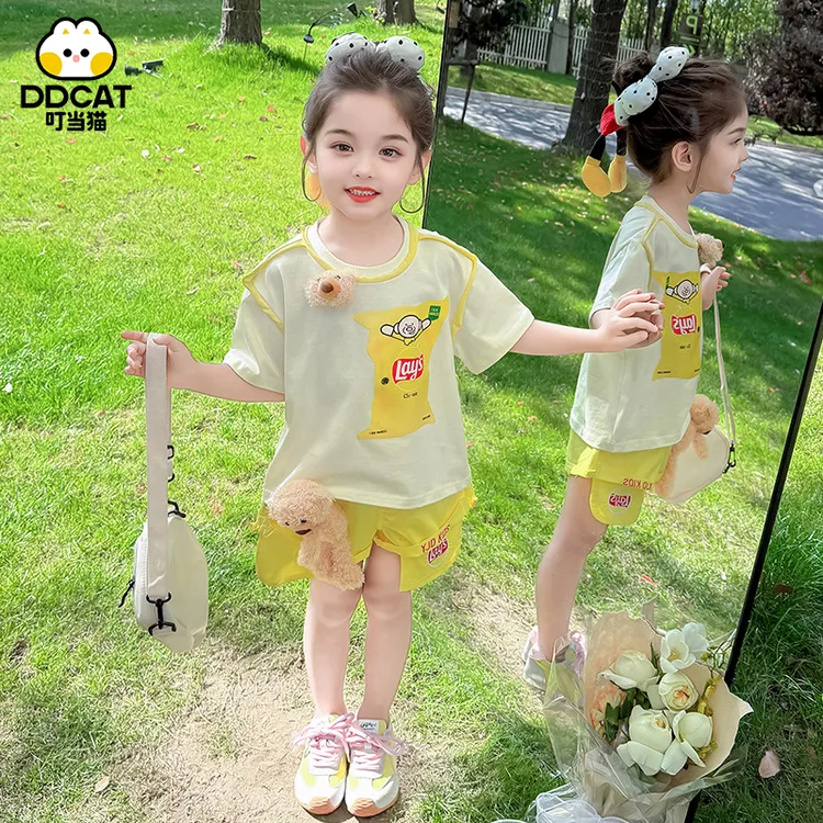 叮当猫夏季女童套装休闲小女孩时尚短袖短裤两件套女宝宝洋气夏装