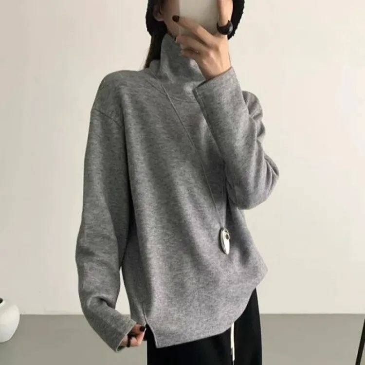 雪千羽大码胖MM开叉拼接磨毛保暖高领打底衫女冬软糯堆领T恤内搭