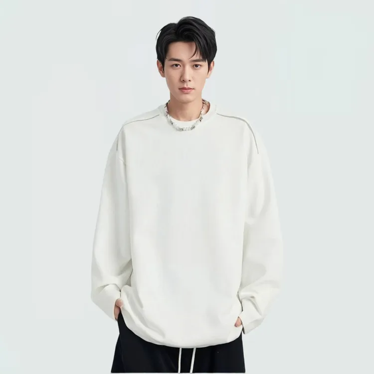 潮牌设计感加绒加厚纯色长袖T恤男款美式重磅宽松情侣打底衫卫衣