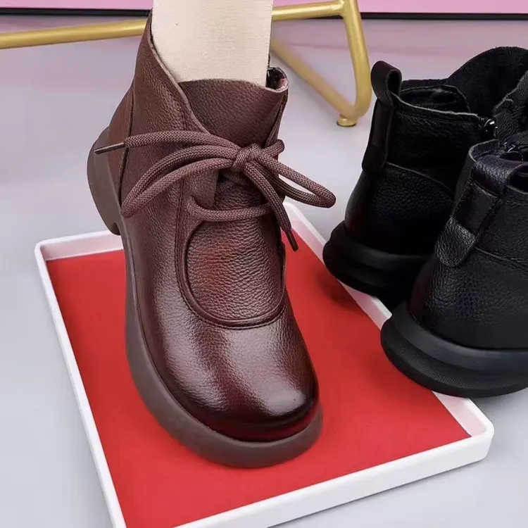 【专柜女鞋】真皮圆头马丁女靴秋冬加绒保暖短靴粗跟厚底时尚单靴