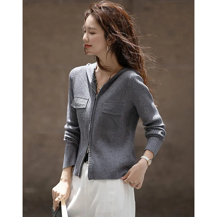 dme德·玛纳生活旅人秋季复古风连帽双头拉链撞色拼接针织衫