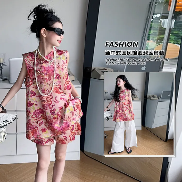 女童新中式套装2025夏季新款女宝国风阔腿裤盘扣夏款女孩无袖唐装