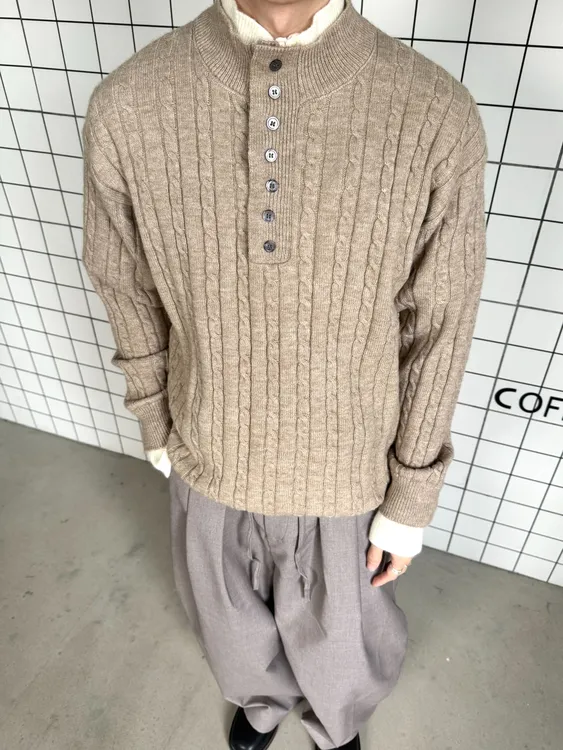 YS 美式假两件设计感麻花亨利领毛衣男女秋冬慵懒软糯套头针织衫