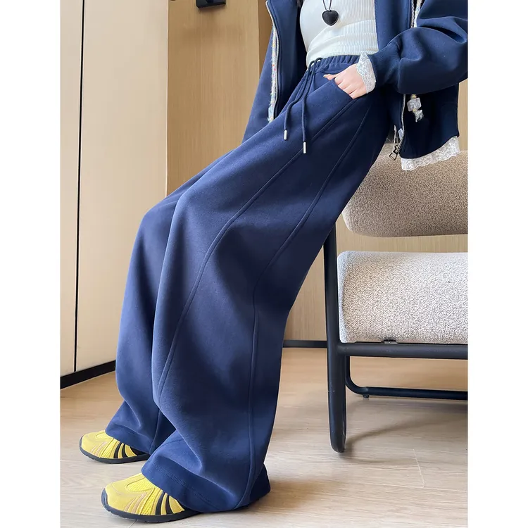 藏青色阔腿运动弯刀卫裤女秋2025新款高腰垂感宽松休闲直筒拖地裤