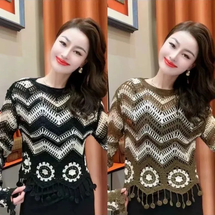 网织钩花镂空波西米亚流苏条纹针织上衣女短款薄款防晒罩衫