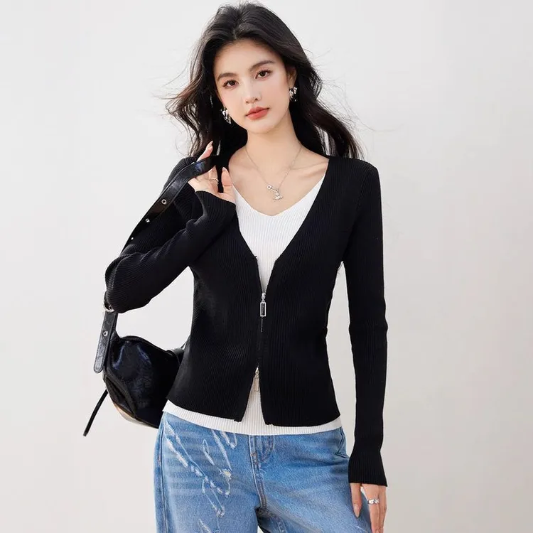 撞色假两件v领双拉链针织打底衫女春秋复古修身内搭长袖叠穿上衣