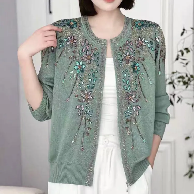 99156新款 时尚 百搭 洋气  高端 轻奢烫钻 大码妈妈装上衣开衫