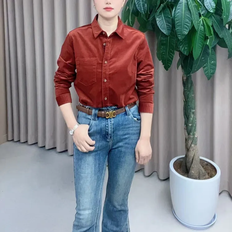 弹力灯芯绒宽松秋冬新款老钱风加厚显瘦打底上衣衬衫女长袖百搭