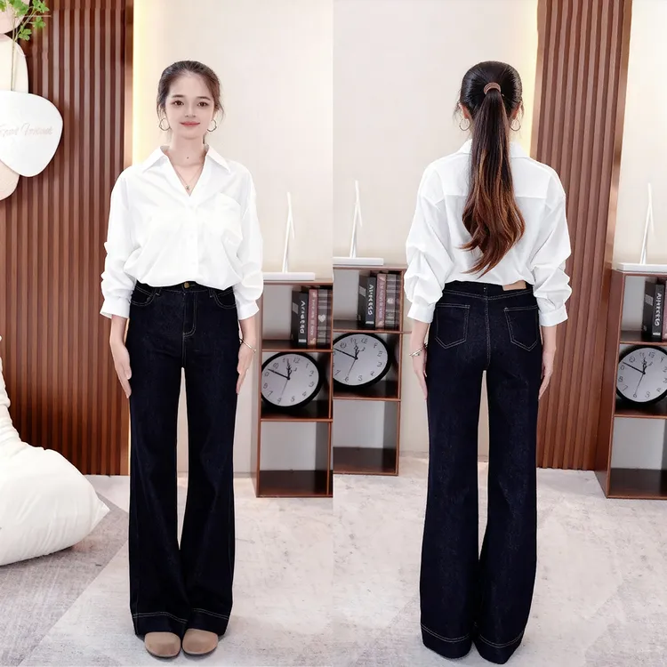 丹宁深蓝微喇牛仔裤女2025早秋新款复古小众高腰显瘦垂感拖地裤子