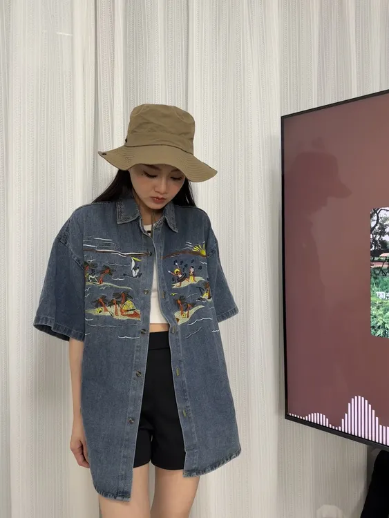 国潮美式重工艺刺绣椰子树牛仔衬衫夏威夷沙滩风中性复古短袖衬衣