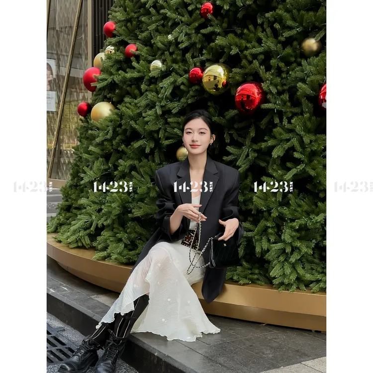 1423【时髦尖子生】气质西装外套立体穿搭盘花鱼尾吊带连衣裙套装