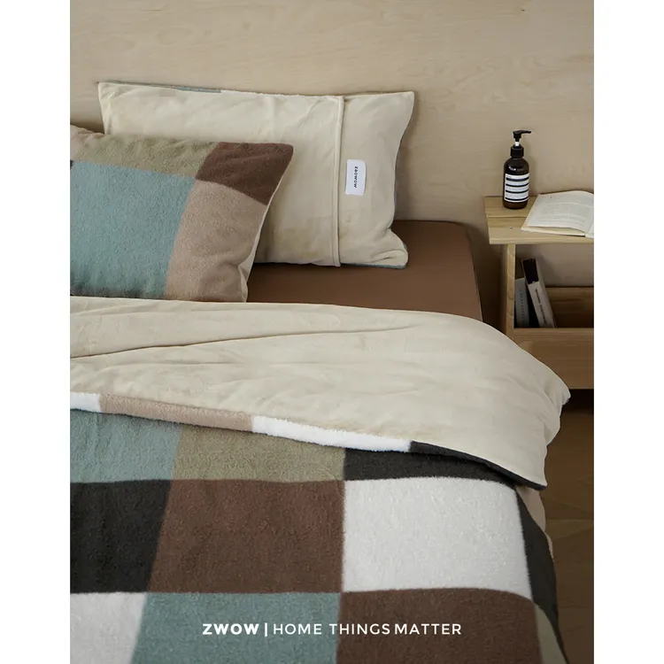 造卧zwow仿羊毛绒牛奶绒侘寂复古中古风格子棕色床单被套四件套