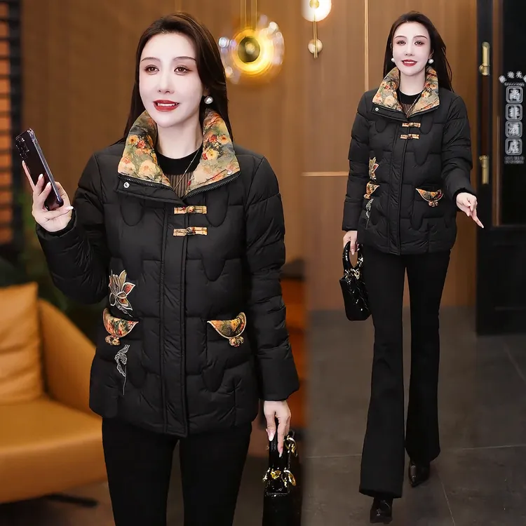 新中式国风刺绣棉服女2025冬季新款时髦洋气立领显瘦保暖棉袄外套